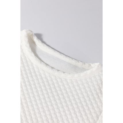 White Solid Textured O Neck Puff Sleeve Blouse