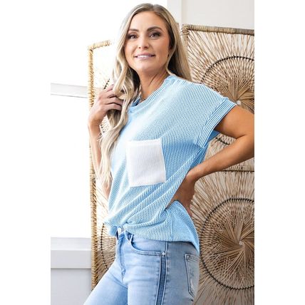 Dark Blue Corded Knit Color Block Pocketed Crew Neck T Shirt