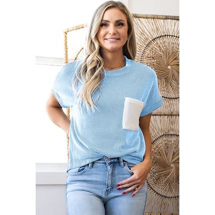 Dark Blue Corded Knit Color Block Pocketed Crew Neck T Shirt