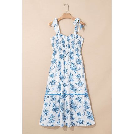 Sky Blue Floral Print Shirred Knot Shoulder Sleeveless Long Dress