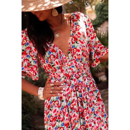 Red Floral Half Sleeve Deep V Neck Cutout Back Split Maxi Dress