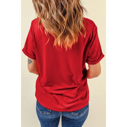 Red Rhinestone MAMA Bow Knot Pattern Crew Neck Loose Tee