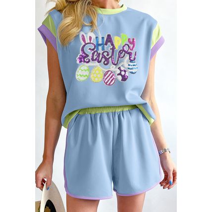 Blue Sequin Happy Easter Graphic Contrast Trim Short Set
