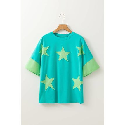 Aruba Blue Frayed Denim Star Patched Oversize T Shirt