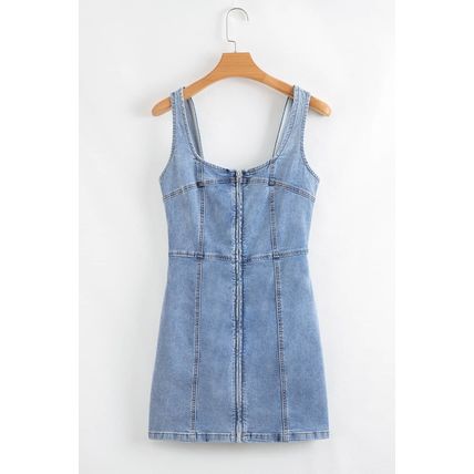 Beau Blue Seamed Zipper Square Neck Sleeveless Denim Mini Dress