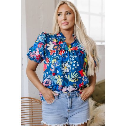 Blue Flower Print Collared V Neck Puff Short Sleeve Loose Blouse