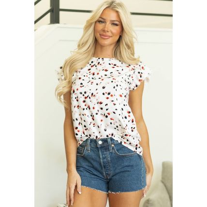 Beige Abstract Print Ruffle Flutter Sleeve Keyhole Back Slim Blouse