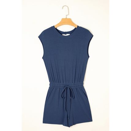 Ashleigh Blue Knit Open Back Cap Sleeve Drawstring Romper