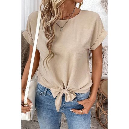 Parchment Solid Color Knotted Hem Short Sleeve Blouse