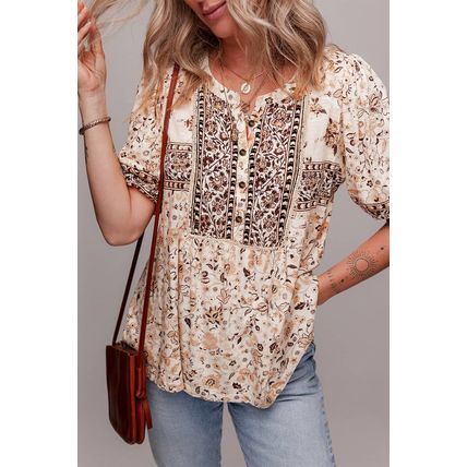 Khaki Boho Floral Print Half Placket Short Sleeve Loose Blouse