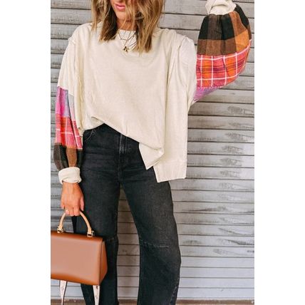 Beige Contrast Plaid Long Sleeve Exposed Seam Patchwork Top