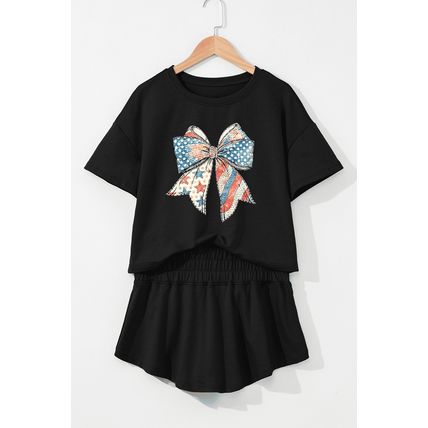 Black American Flag Inspired Bow Print Relaxed Tee and Skort 2pcs Outfit