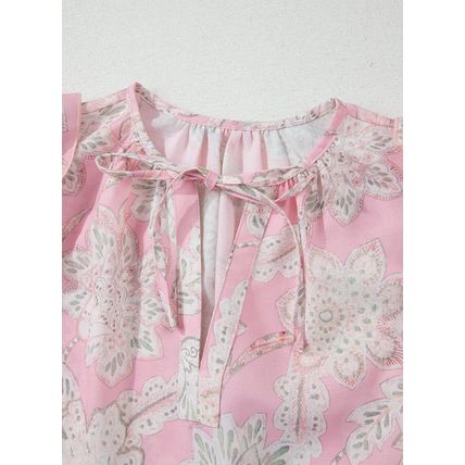 Pink Floral Print Drawstring V Neck Puff Sleeve Loose Blouse