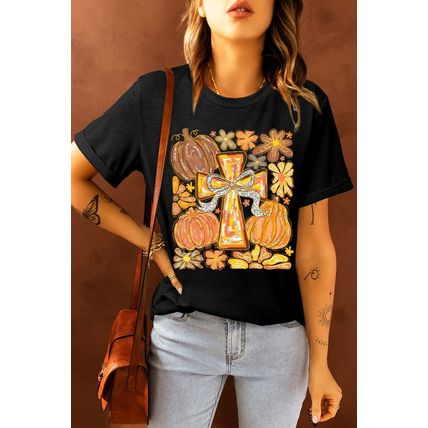 Black Thanksgiving Pray Cross Pumpkin Graphic Cotton Blend Tee