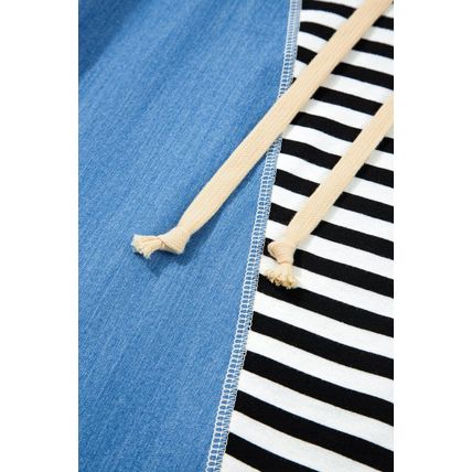 Black Stripe Denim Color Block Quarter Zip Baggy Drawstring Hoodie
