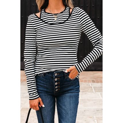 Black Stripe Double-layer Cold Shoulder Long Sleeve Top