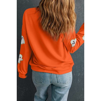 Orange Halloween Ghost Cute Patched Pattern Holiday Sweatshirt