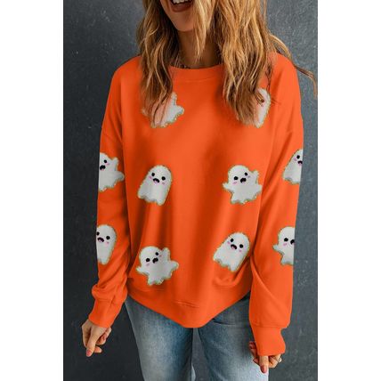 Orange Halloween Ghost Cute Patched Pattern Holiday Sweatshirt