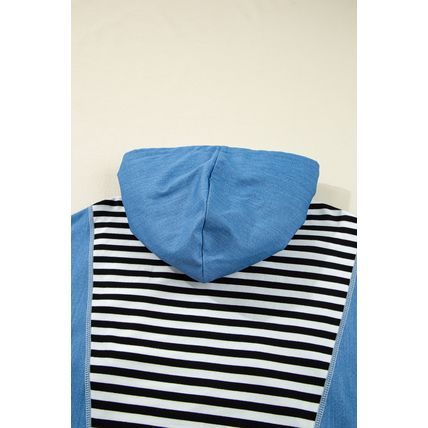 Black Stripe Denim Color Block Quarter Zip Baggy Drawstring Hoodie