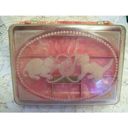 Vintage 50s Hommer Pink Marbled Sewing Box Kittens Playing With Yarn Excel. Cond