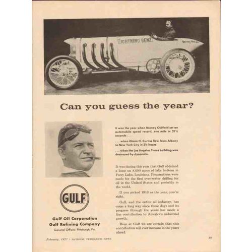 GULF OIL CORP 1957 guess year Barney Oldfield Glenn Curtiss vintage ad