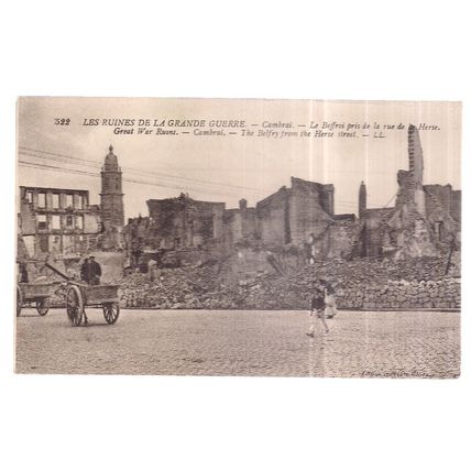 WW1 ruins, CAMBRAI, FRANCE used antique postcard. 1920 postmark =