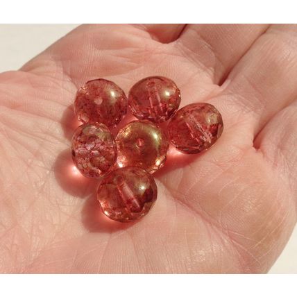 6 Fat Saucer Glass Beads 13mm x 9mm Faceted Edges Red Tinted Rondelle bd088
