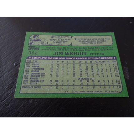 1982 Topps Card # 362 Jim Wright Very Good-Excellent (4) Kansas City Royals