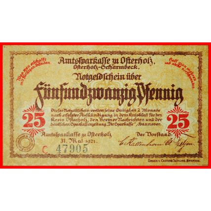 HANOVER: GERMANY OSTERHOLZ-SCHARMBECK★ 25 PFENNIGS 1921 UNC★LOW START★NO RESERVE