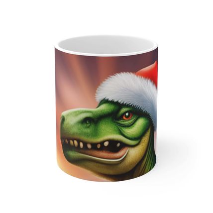 Dinosaur Raptor Rocks Christmas Santa Red Hat Ceramic Mug 11oz design #4 Wrap-a-