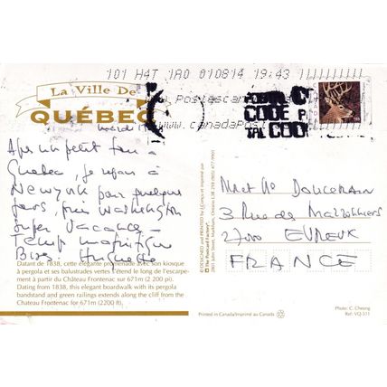 Quebec Chateau Frontenac Canada Postcard posted 2014 creased