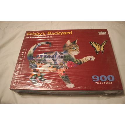 FRISKY'S BACKYARD 900 PIECE SHAPED PUZZLE w/Mini Puzzle Mostly SEALED Kitten