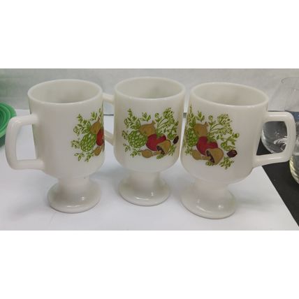 Vintage Mushroom&Herbs Print Milk Glass Pedestal Coffee Mug Set of 3 - 3 Inches