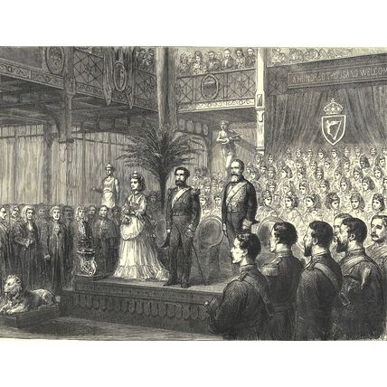 H.R.H. THE DUKE OF EDINBURGH OPENING THE DUBLIN EXHIBITION 1872 ENGRAVING