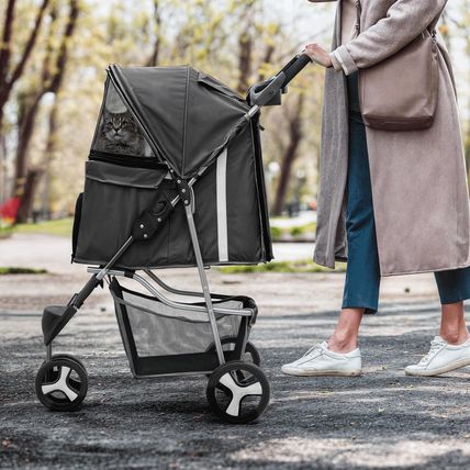 Monibloom Foldable Pet Stroller with Weather Cover, 3 Wheels Pet Strolling Cart