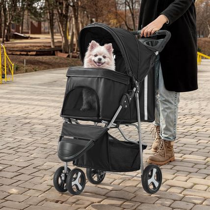 Monibloom Foldable Pet Stroller with Weather Cover, 3 Wheels Pet Strolling Cart