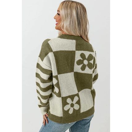 Green Checkered Floral Print Striped Sleeve Sweater