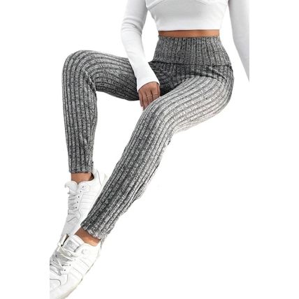 Gray Wide Waistband Ribbed Textured Knit Leggings