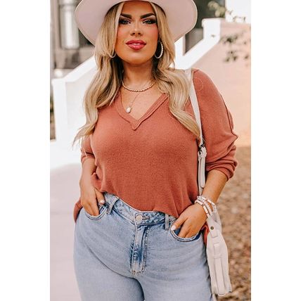 Gold Flame Plus Size Exposed Seam V Neck Long Sleeve Top