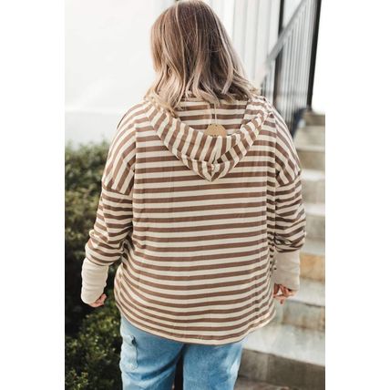 Brown Stripe Quarter Buttons Drop Sleeve Plus Size Hoodie
