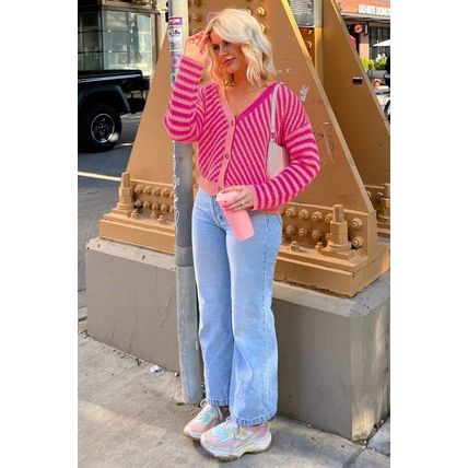 Pink Striped Buttoned V Neck Drop Shoulder Cardigan