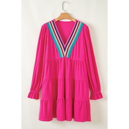 Rose Red Colorful Crochet V Neck Textured Tiered Ruffled Long Sleeve Mini Dress