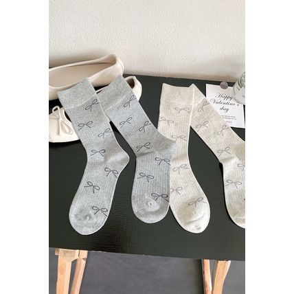 Gray Bow Knot Print Ribbed Crew Socks