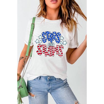 White Stars and Stripes Round Neck Graphic T Shirt