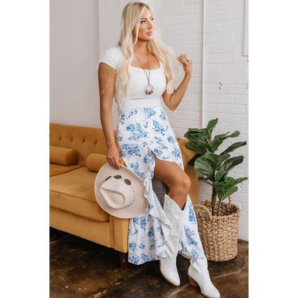Sky Blue Boho Floral High Waist Ruffle Split Maxi Skirt