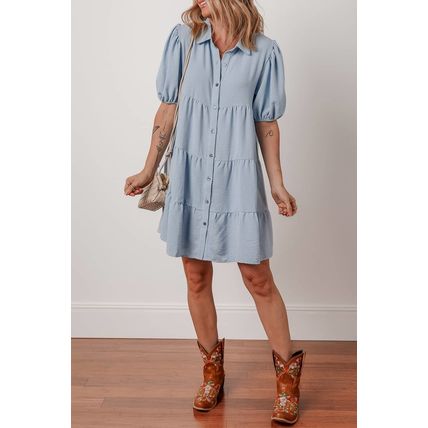 Beau Blue Shirt Collar Button Up Short Puff Sleeve Tiered Shift Dress