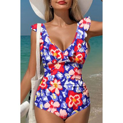 Blue Floral Ruffle Trim V Neck Lace-up Back Tummy Control One Piece Swimsuit