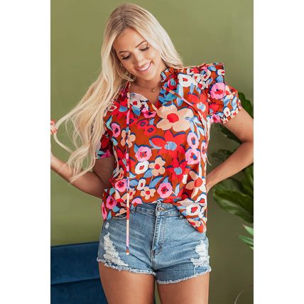 Brown Flower Print Self Tie Frilled Collar Puff Sleeve Blouse
