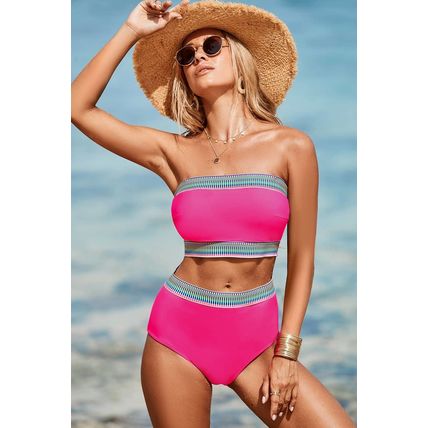 Rose Red Contrast Banding Tube Bikini High Waist 2pcs Swimsuit