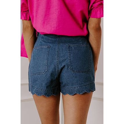 Sail Blue Scalloped Hemline Acid Wash High Waist Denim Shorts